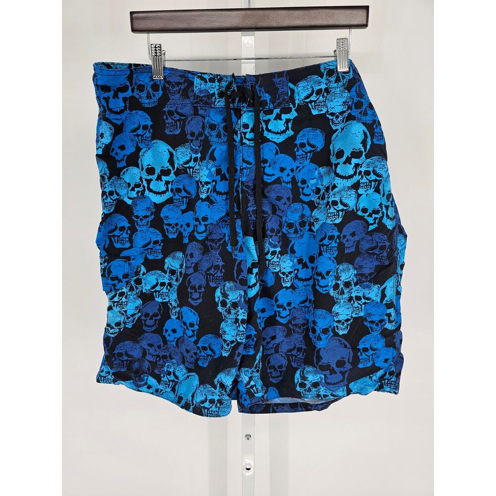 Vtg Y2K Mens Sz 38 Board Shorts Swim Trunks Blue All Over Skull Print PT Sports